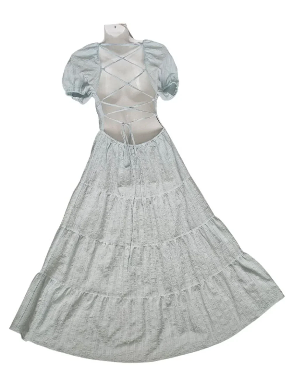 Forever 21 Puff Sleeve Crisscross Tie Back Tiered Skirt Maxi Dress Size Medium - Picture 4 of 13